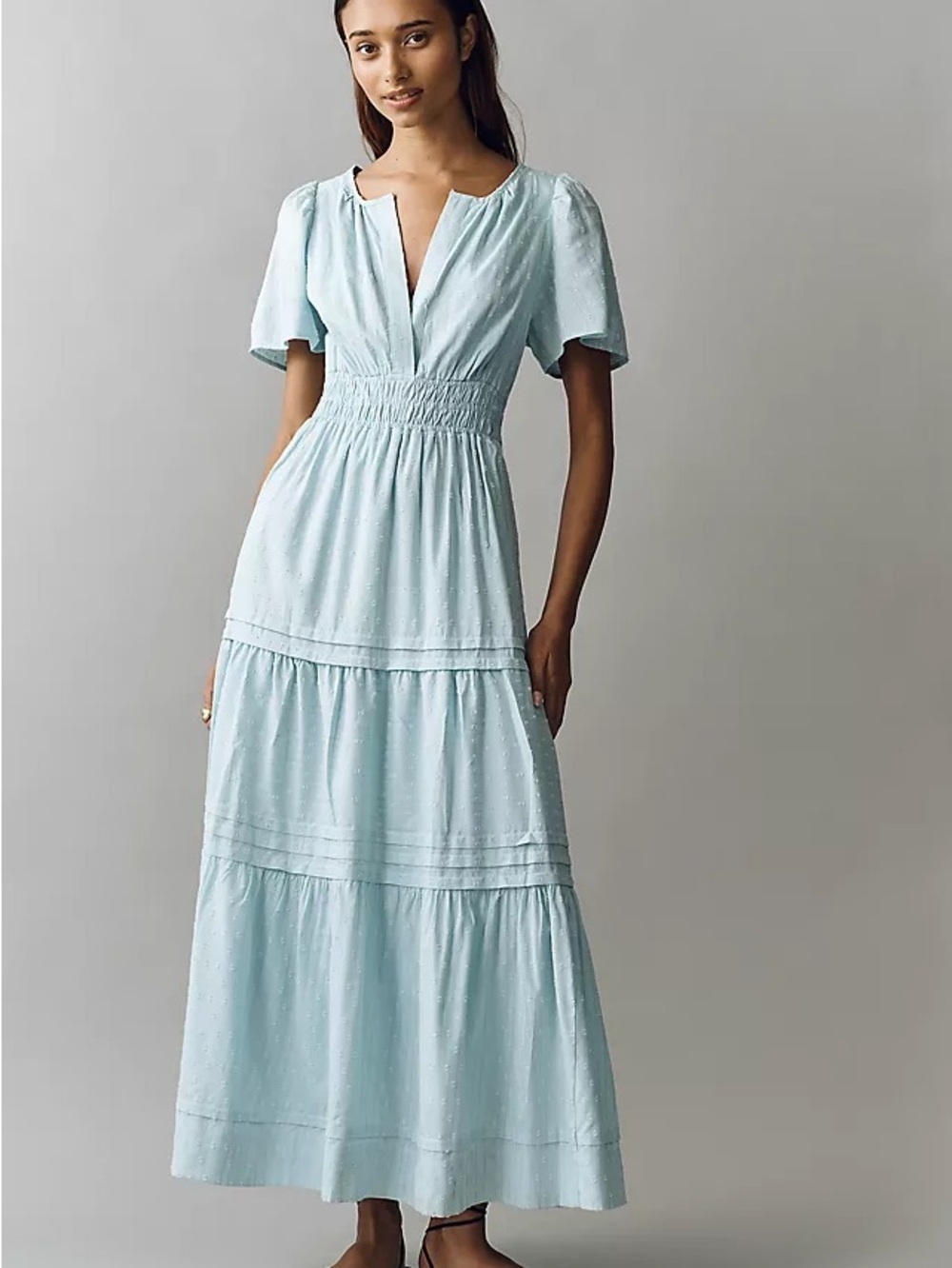 Anthropologie Somerset Lurex Pale Blue & Gold Tiered Maxi Dress